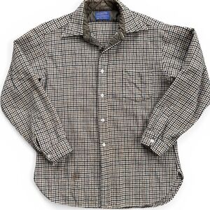 Pendleton Wool Shirt Mens L Brown Plaid Good Vintage USA Flannel Houndstooth
